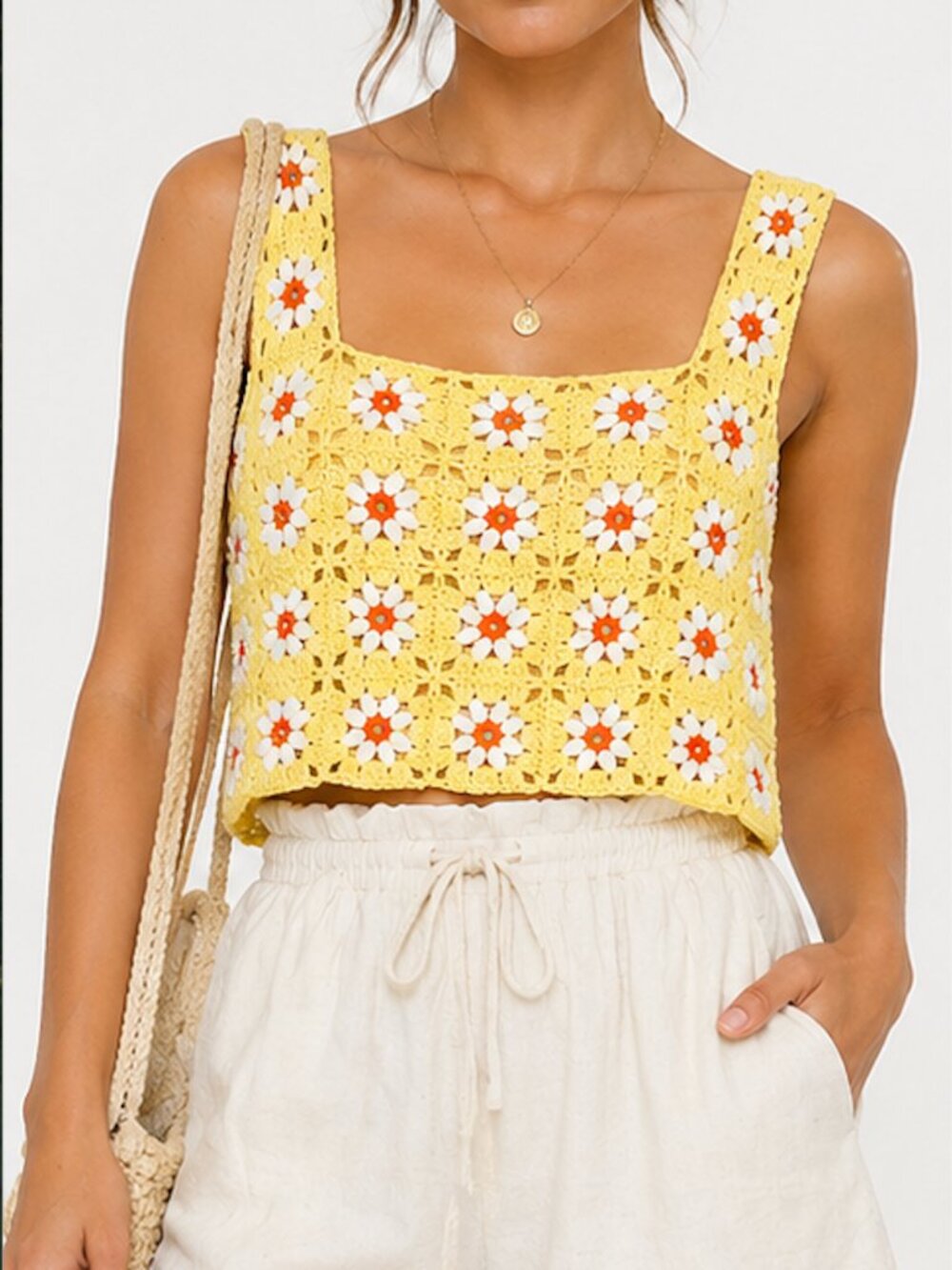 Yellow Crochet Floral Tank Top – Handmade Daisy Knit Crop Top